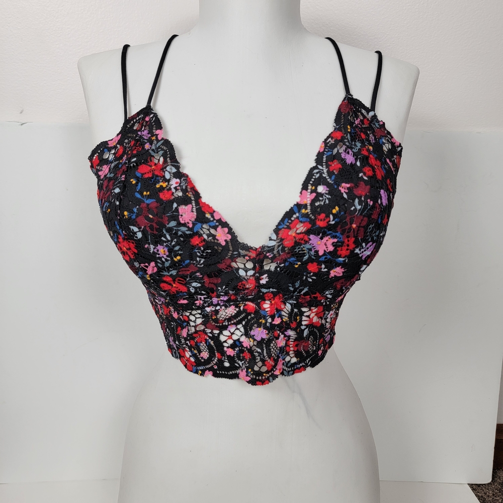 PINK Victoria's Secret Floral Lace Bralette - Black Red Medium Smocked